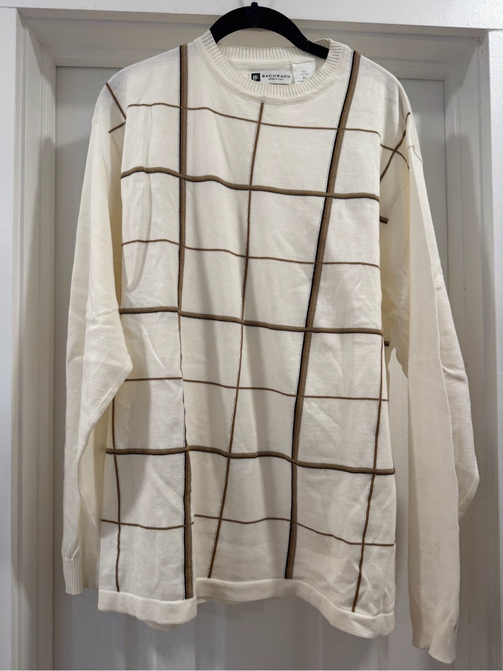 Bachrach Cream Crewneck Sweater with Brown Windowpane Grid XL